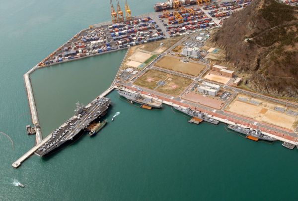 Busan coastal city skyline with port