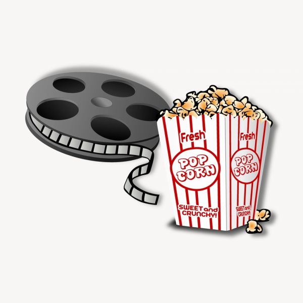 Popcorn bucket next to a film reel