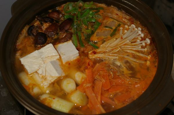 Bowl of red napa cabbage kimchi