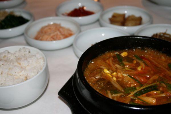Assorted Korean banchan side dishes on a table