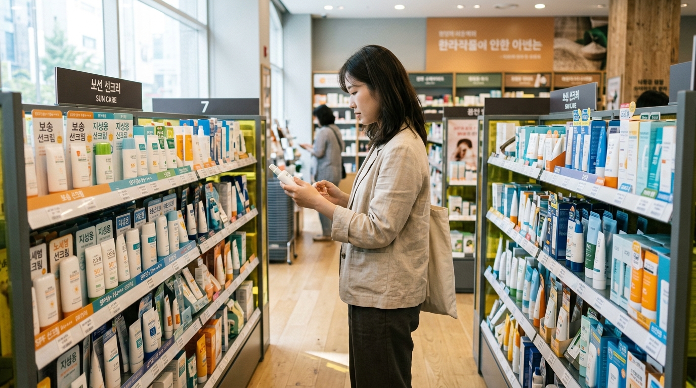 Korean cosmetics drugstore aisle with sunscreen products