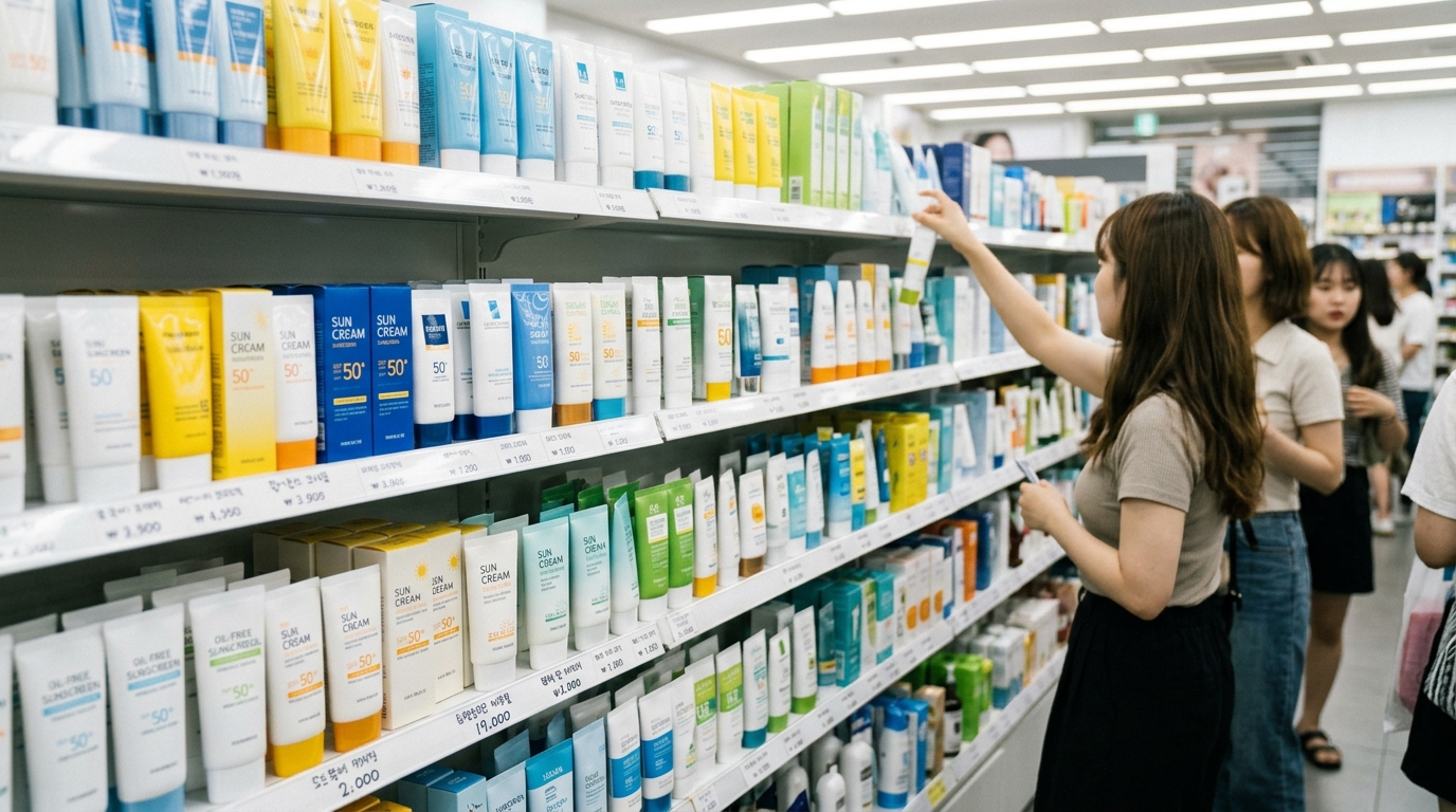 Rows of Korean skincare and sunscreen bottles on a drugstore shelf