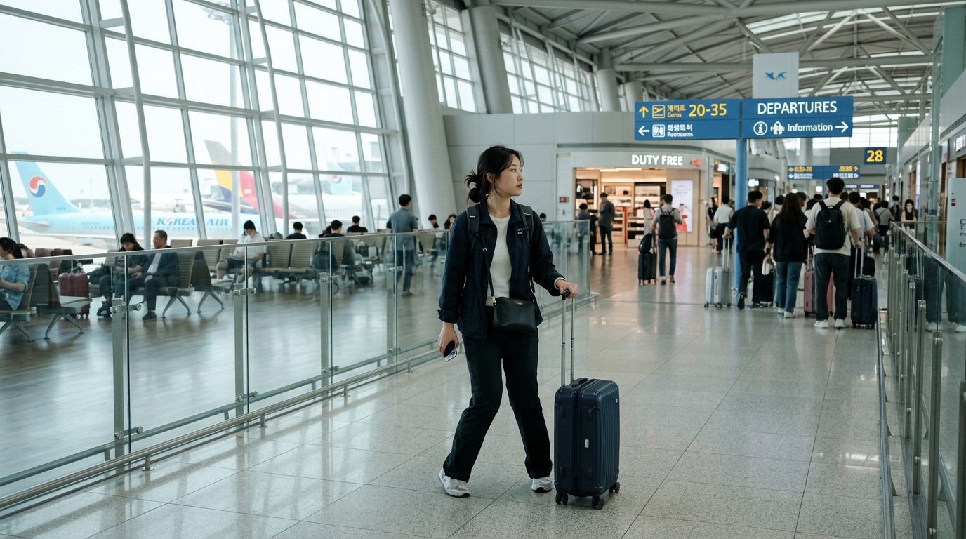 Traveler departing Incheon Airport after filing pension refund
