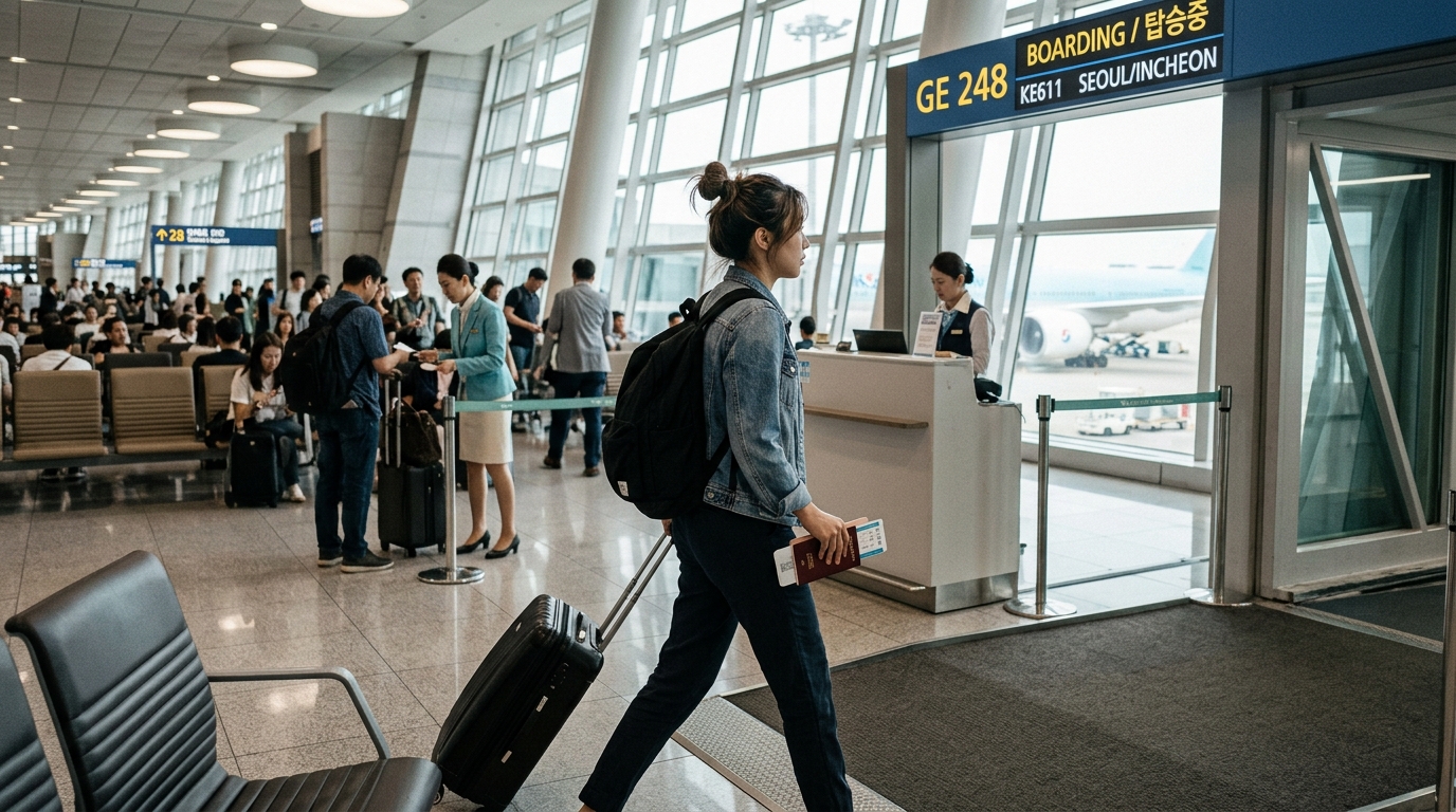 Traveler walking through airport departure gate